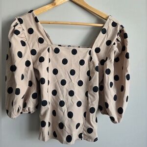 Suzy Shier Beige Polka Dot Puff Sleeve Blouse Square Neck Style Feminine Cottage